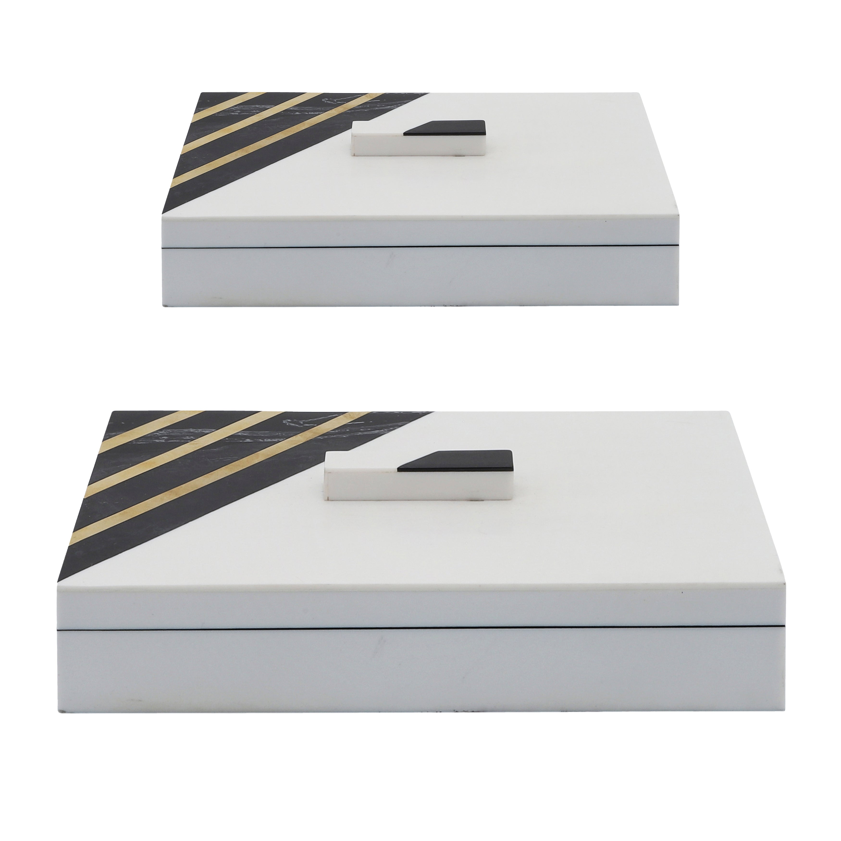 RESIN, S/2 10/12"" 0 STRIPED BOXES W/ KNOB, BLACK/WH