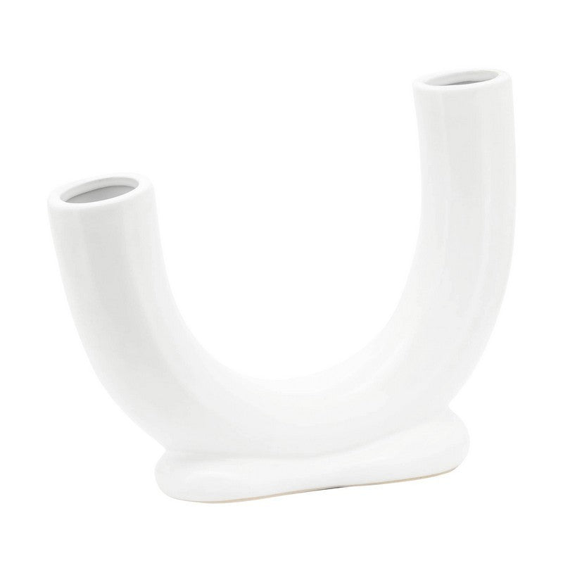 CER,8"H U-SHAPED VASE W/ BASE, WHITE