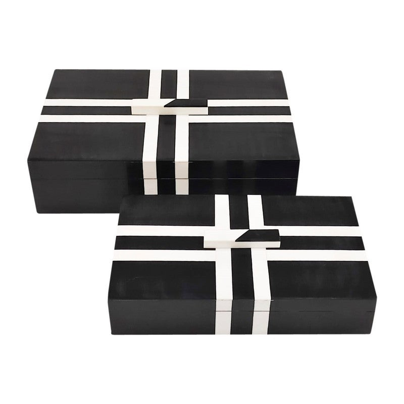 RESIN, S/2 10/12" CROSS BOXES, BLACK/WHITE