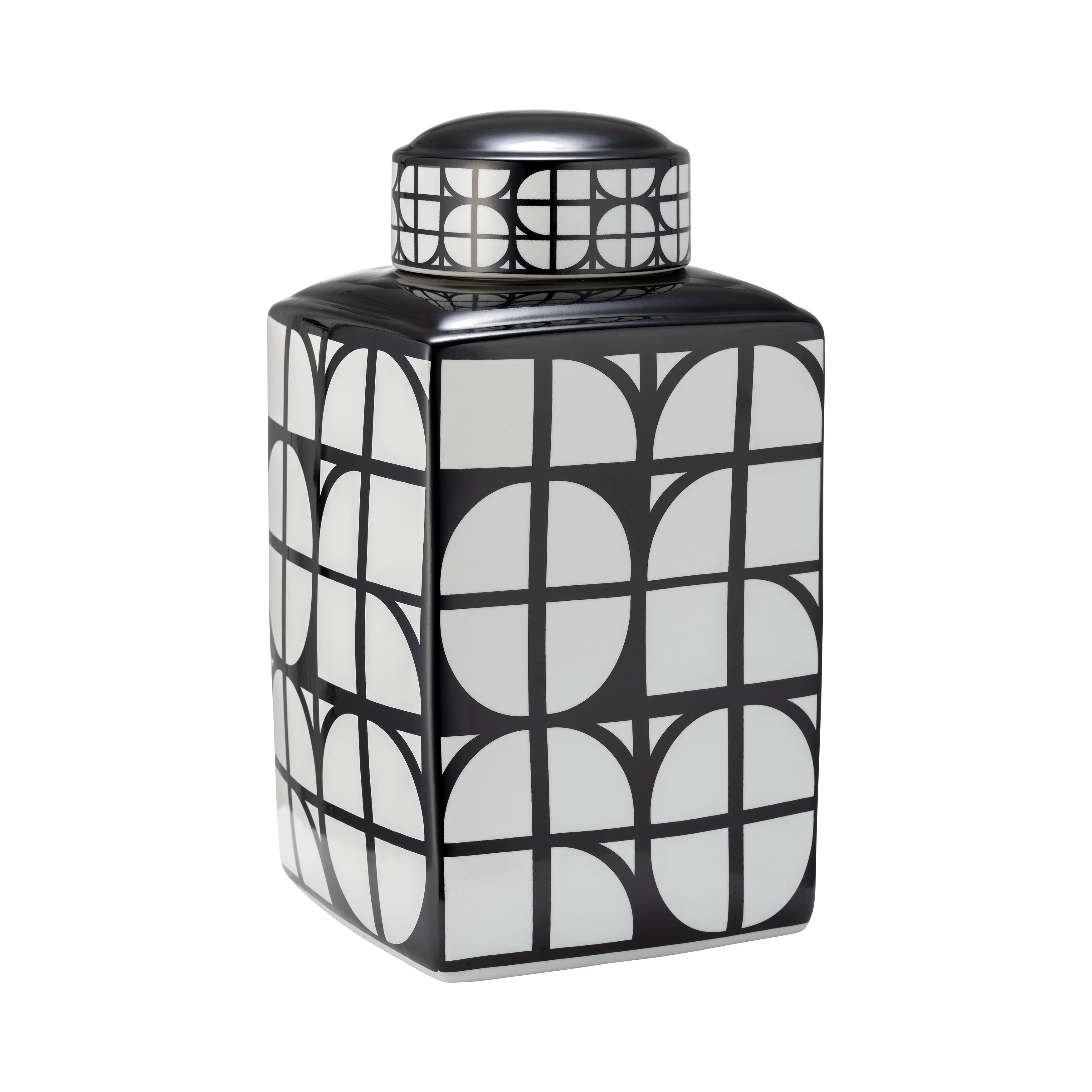 CER, 16""H SQUARE JAR 0 W/ LID, BLACK/WHITE