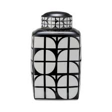 CER, 16""H SQUARE JAR 0 W/ LID, BLACK/WHITE